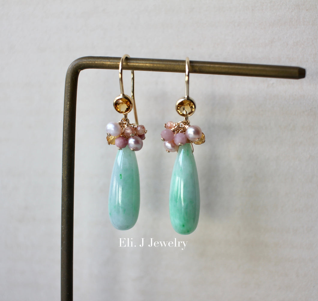 Custom-cut Type A Mint Green Jade Drops & Pink Pearls 14kGF Earrings