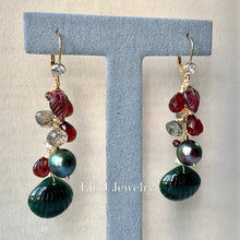 Load image into Gallery viewer, Eli. J Exclusive: Emerald Type A Jade Shells, Tahitian Pearls, Garnet, Rutile 14kGF Earrings