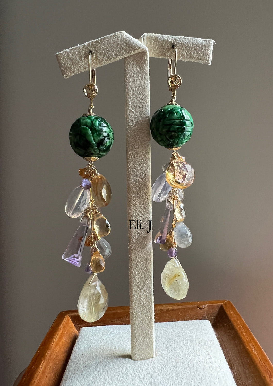 Dark Green Carved Jade Ball, Golden Rutile, Amethyst 14kGF Earrings