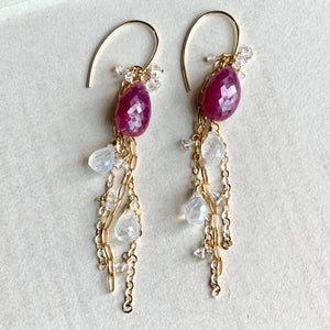 AAA Rubies Rainbow Moonstone Herkimer Diamonds 14kGF Earrings