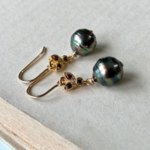 Load image into Gallery viewer, Rainbow Peacock Tahitian Circle Pearls, Red Zirconia Bee 14kGF Earrings