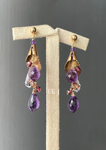 Load image into Gallery viewer, Lily Prose: Vtg Brass Lily, Amethyst, Garnet, Swarovski 14kGF Earrings