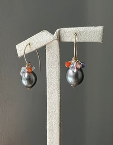 Steel Grey Tahitian Pearls, Rainbow Moonstone & Gems 14kGF Earrings