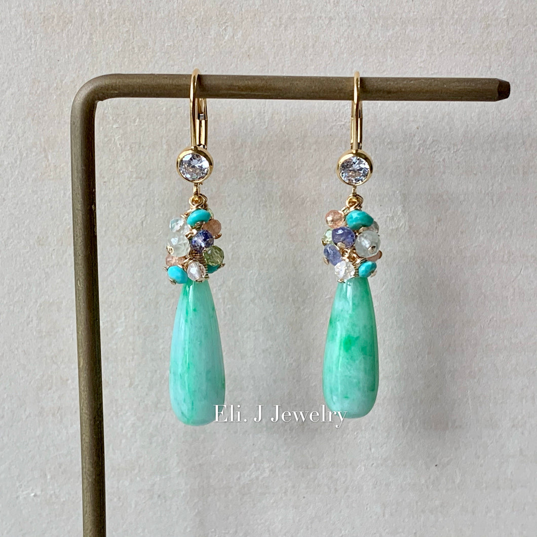 Custom-Cut Mint Green Type A Jadeite Drops, Turquoise & Gems Earrings
