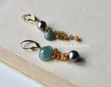 Load image into Gallery viewer, Mismatched Jade Seashells, Tahitian Pearls, Mandarin Garnet 14kGF Earrings