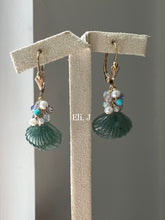 Load image into Gallery viewer, Jasmine: Jade Shells , Turquoise, Pearls 14kGF Earrings