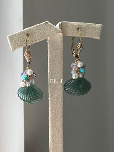 Jasmine: Jade Shells , Turquoise, Pearls 14kGF Earrings