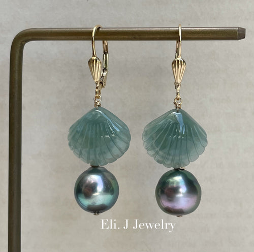 Exclusive to Eli. J: Bluish Green Jade Shells, Tahitian Pearls Earrings
