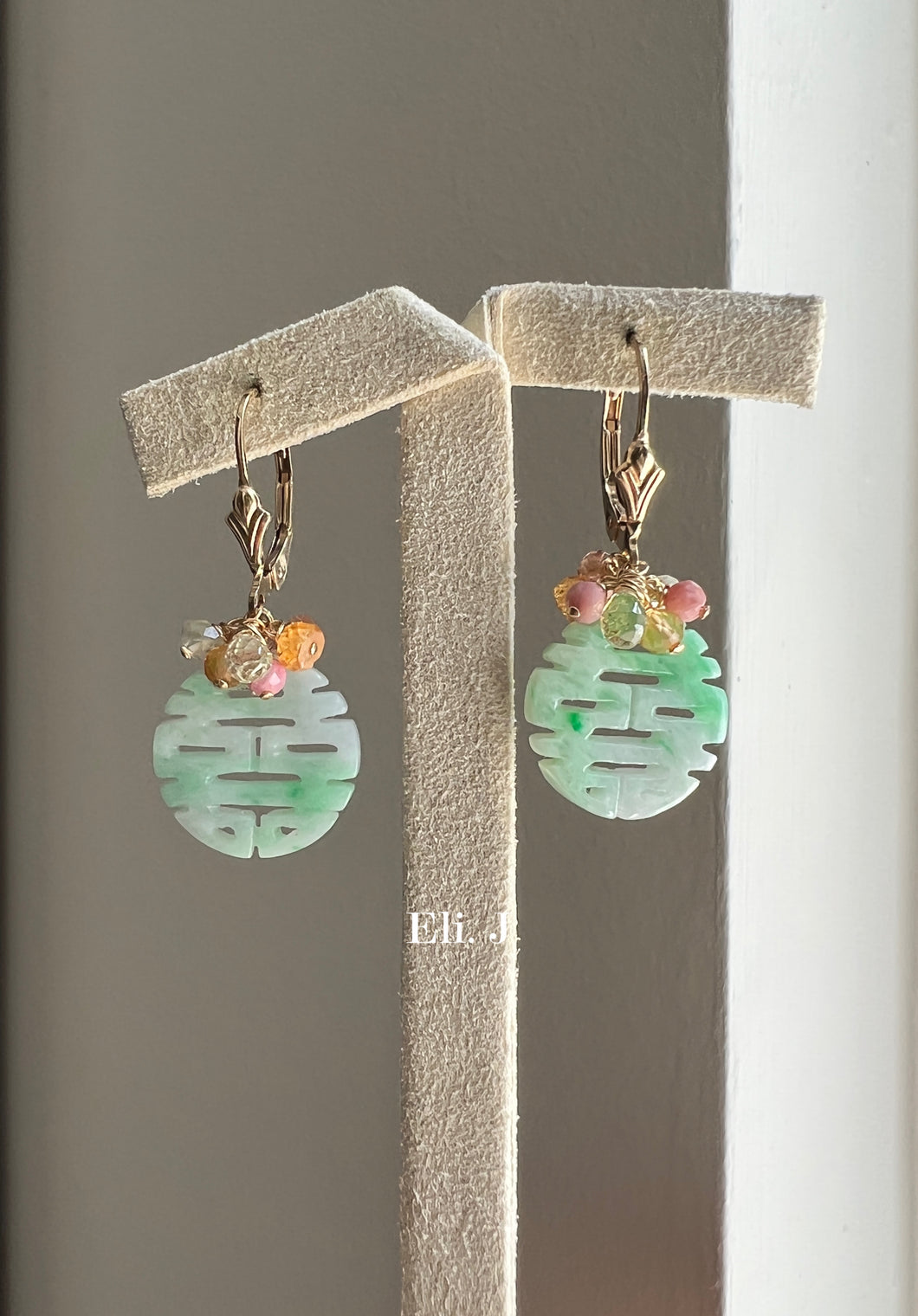 Exclusive Mint Green 喜喜 Double Happiness Jade, Yellow Sapphire & Gemstones 14kGF Earrings