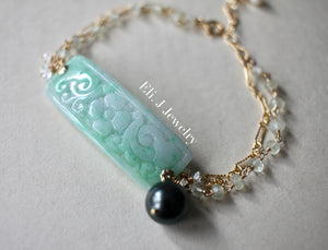 Exclusive to Eli. J: Type A Mint Green Carved Jade Bar Bracelet, Tahitian Pearl, Herkimer Quartz 14kGF