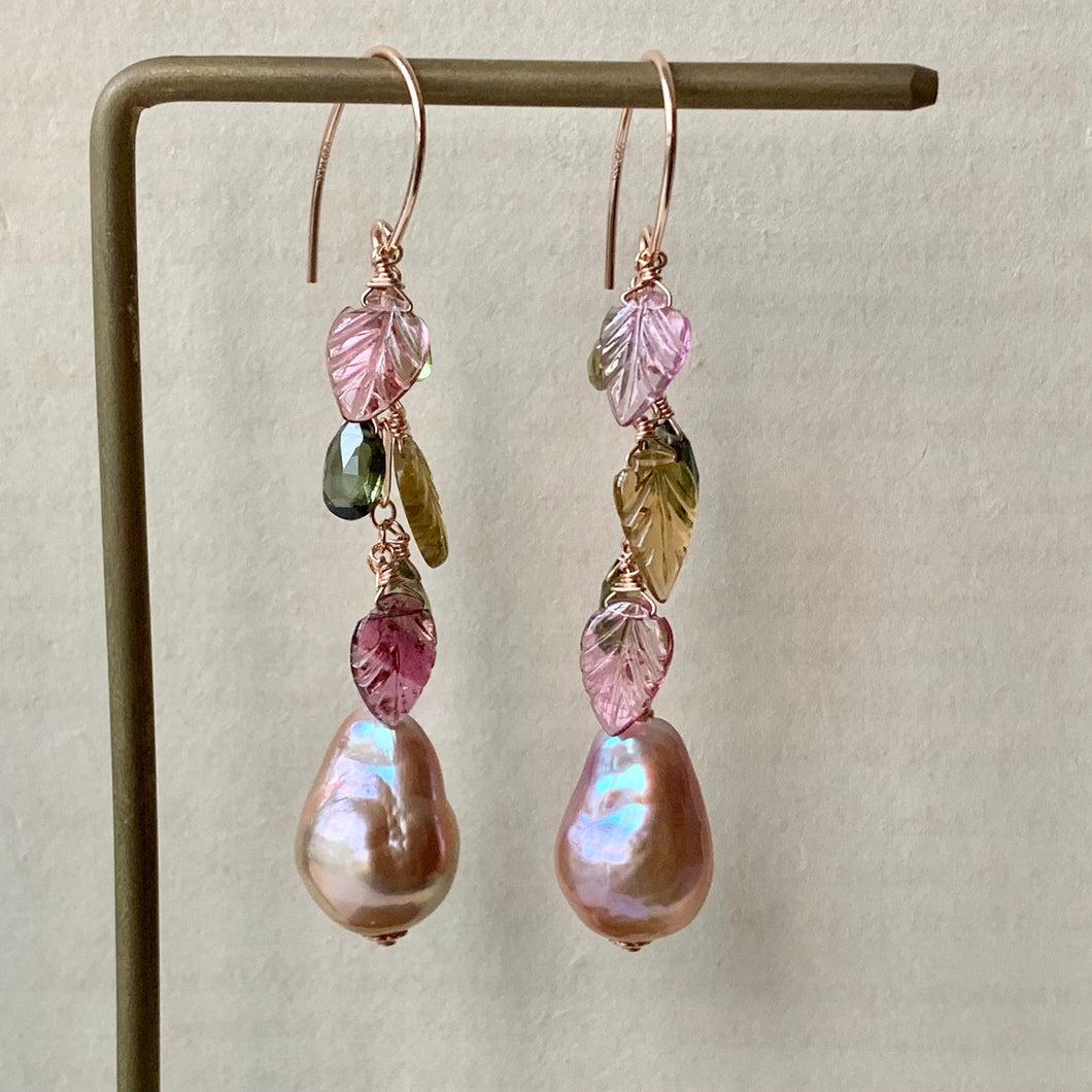 AAA Pink Edison Pearls, Watermelon Tourmaline Leaves 14kRGF Earrings