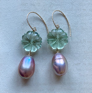 AAA Pink Edison Pearls, Green Amethyst Carved Flowers 14kGF