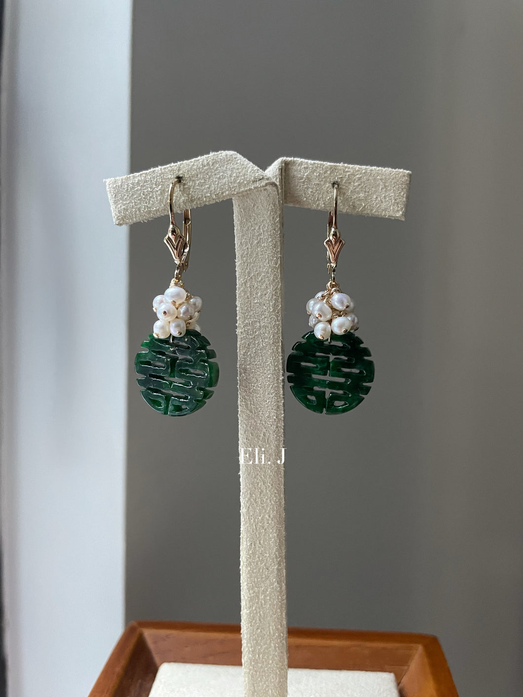 Deep Green 喜喜 Double Happiness Jade & Ivory Freshwater Pearls 14kGF Earrings