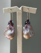 Load image into Gallery viewer, Purple-Peach Baroque Pearls, Garnet, Pink Amethyst 14kGF Earrings