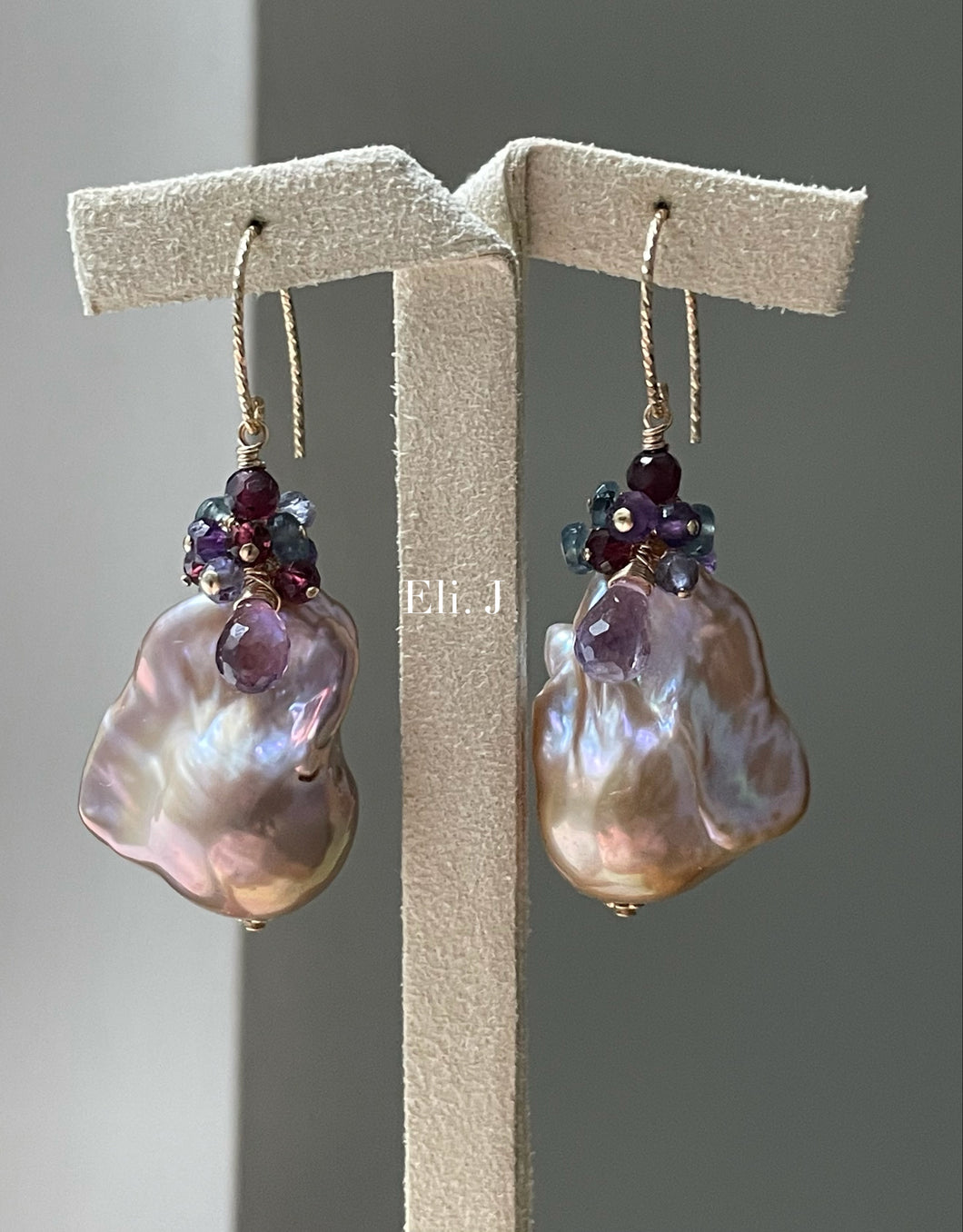 Purple-Peach Baroque Pearls, Garnet, Pink Amethyst 14kGF Earrings
