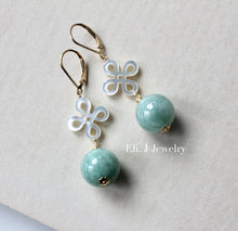 Load image into Gallery viewer, Apple Green Type A Jade Balls &amp; Mother-of-Pearl Knots 14kGF Earrings