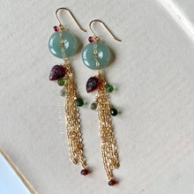 Load image into Gallery viewer, Type A Green Jade, Tourmaline Leaves &amp; Drops Tassel 14kGF Earrings