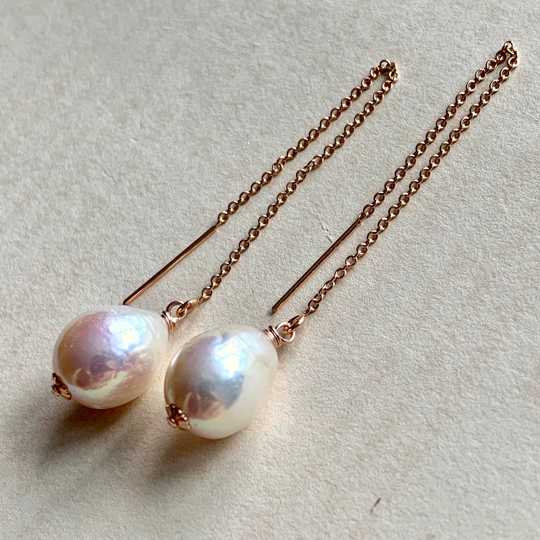 White Edison Pearls 14k Rose Gold Filled Threaders