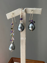 Load image into Gallery viewer, Silver-Peacock-Blue Tahitian Pearls, Amethyst &amp; Gems Trio 14kGF Earrings