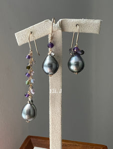 Silver-Peacock-Blue Tahitian Pearls, Amethyst & Gems Trio 14kGF Earrings
