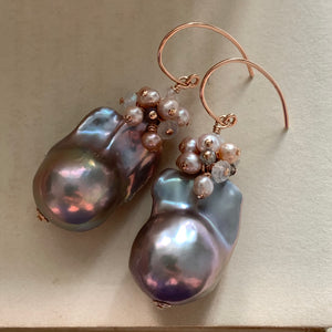 AAA Silver Baroque Pearls, Pearls & Rainbow Moonstone 14kRGF Earrings
