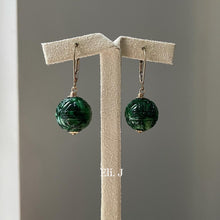 Load image into Gallery viewer, Deep Green Carved Jade Balls 14kGF Earrings