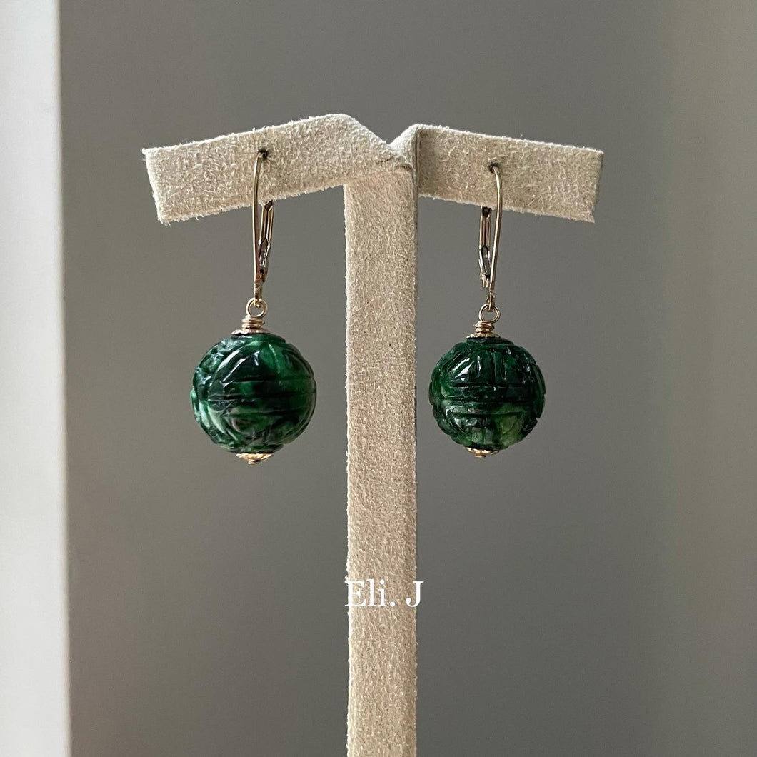 Deep Green Carved Jade Balls 14kGF Earrings