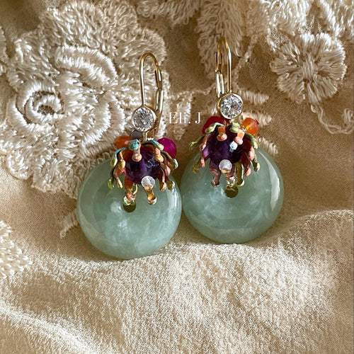 Jade: Type A Apple Green Jade, Vtg Flowers & Gems Earrings