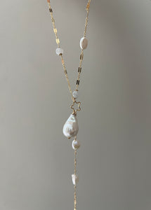 Long Pearl, Icy Jade, Keshi 14kGF Necklace