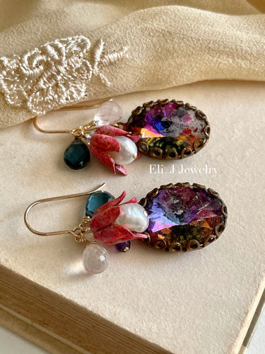Clara: Vtg Rainbow Gems, Tulips & Gemstone Earrings