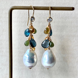 Ivory Baroque Pearls, London Blue Topaz, Citrine, Green Tourmaline 14kGF Earrings