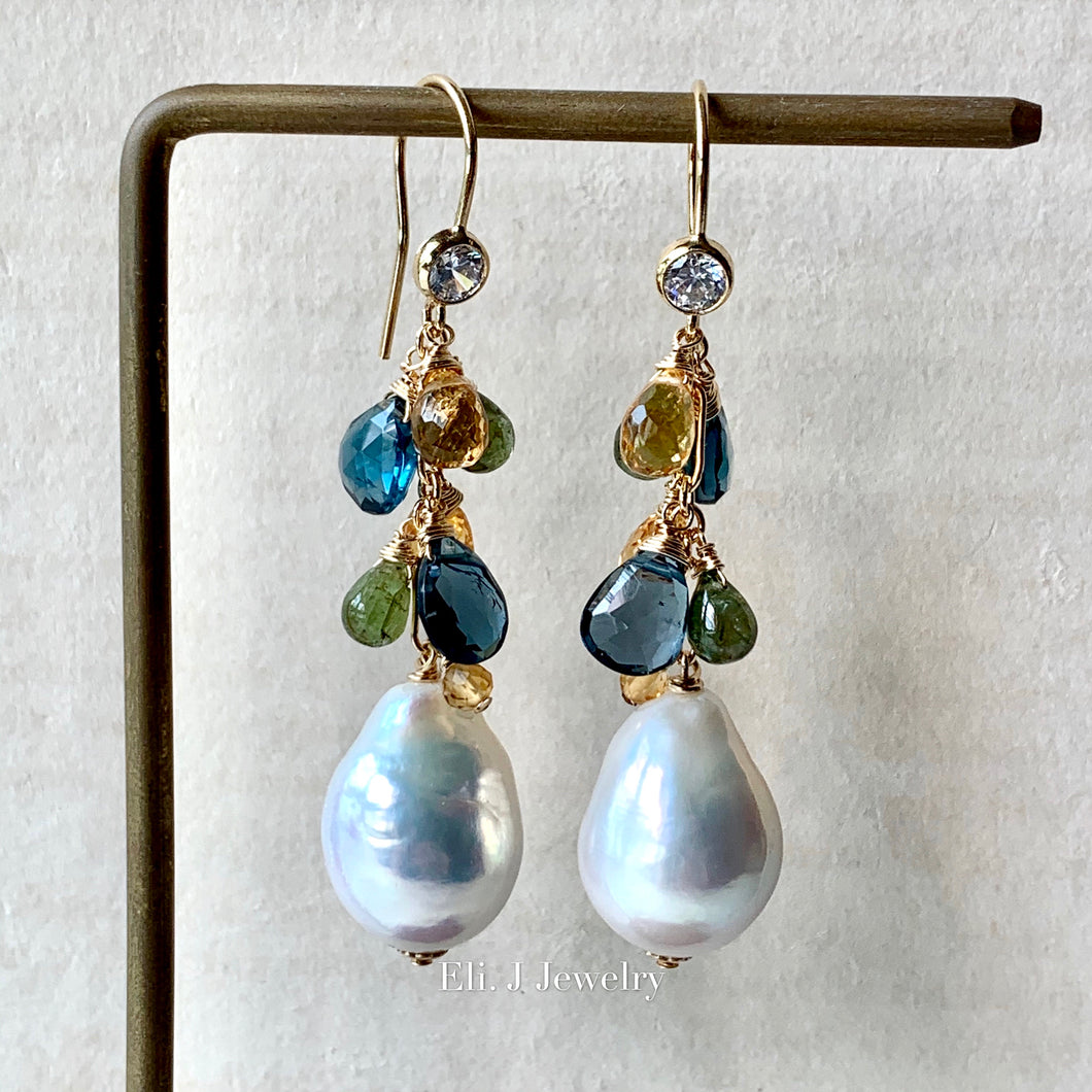 Ivory Baroque Pearls, London Blue Topaz, Citrine, Green Tourmaline 14kGF Earrings