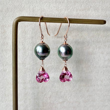 Load image into Gallery viewer, AAA Tahitian Pearls &amp; Pink Topaz Hearts 14kRGF Earrings