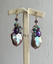 Load image into Gallery viewer, Purple Baroque Pearls, Amethyst, Turquoise 14kGF Earrings