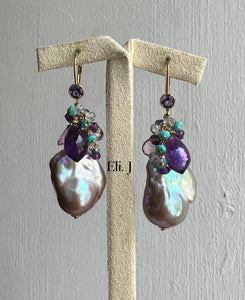 Purple Baroque Pearls, Amethyst, Turquoise 14kGF Earrings