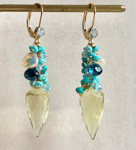 Sunshine- Lemon Quartz, Turquoise 14k Gold Filled Earrings