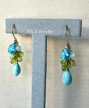 Load image into Gallery viewer, Summer 3: Larimar, Swiss Blue Topaz, Peridot 14kGF Earrings