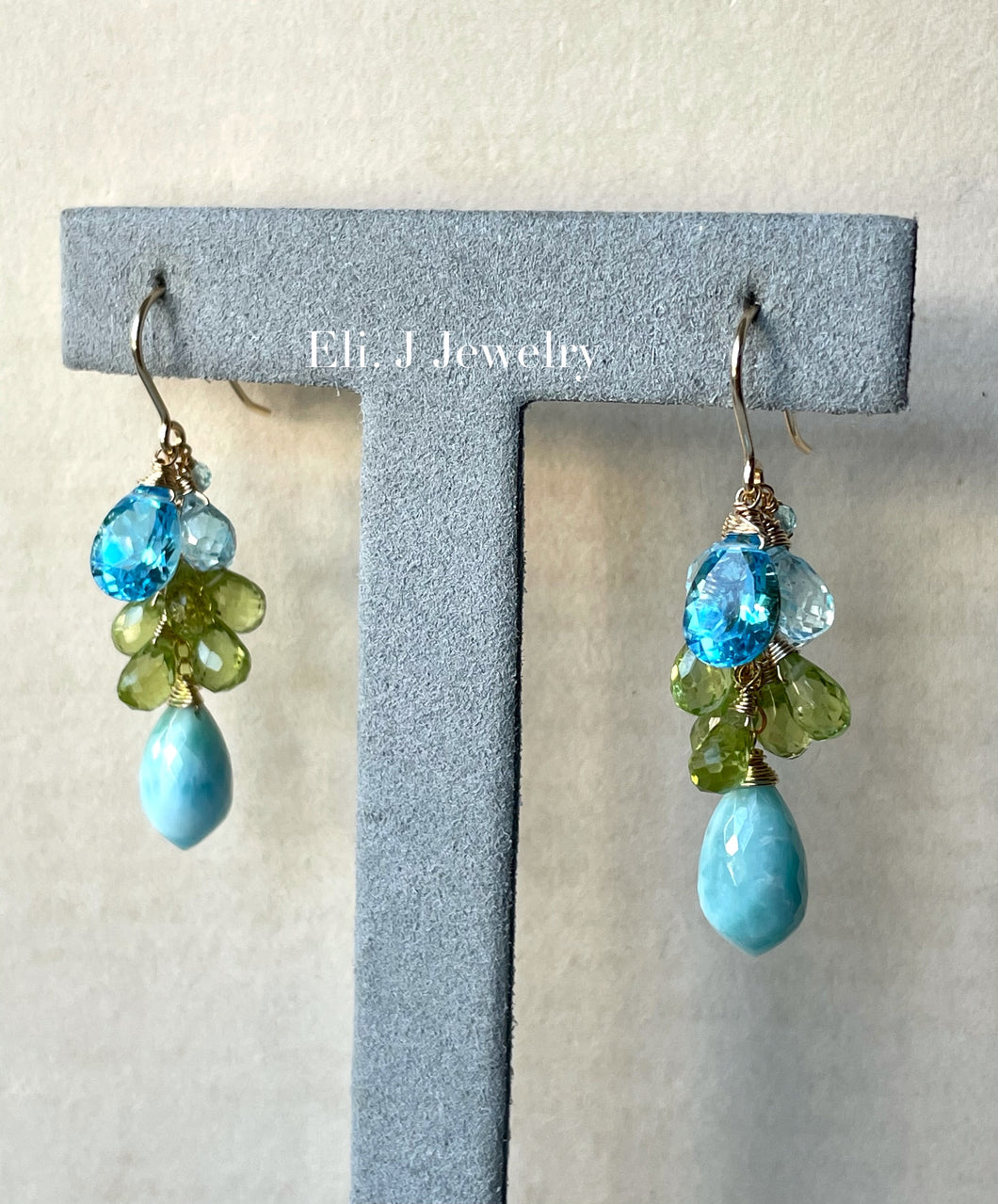 Summer 3: Larimar, Swiss Blue Topaz, Peridot 14kGF Earrings