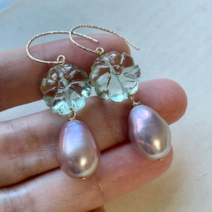 AAA Pink Edison Pearls, Green Amethyst Carved Flowers 14kGF