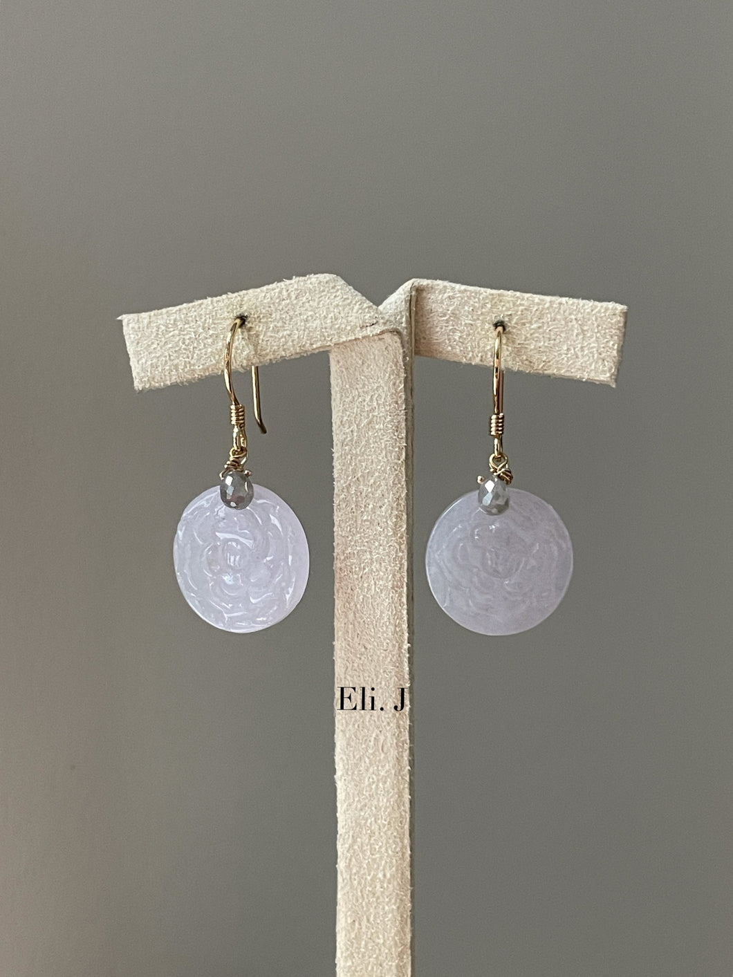 18k Solid Gold- Lavender Peony Jade, Silver Diamonds