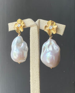 Ivory Baroque Pearls Gold Floral Earrings