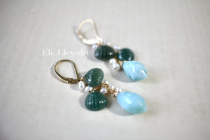 Mini Jade Shells, Larimar, Pearls 14kGF Earrings