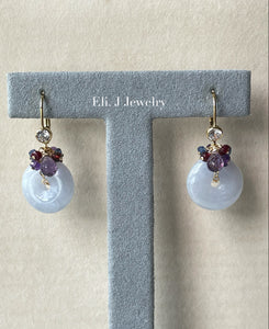 Bluish Lavender Type A Jade Donuts, Pink Amethyst, Ruby 14kGF Earrings