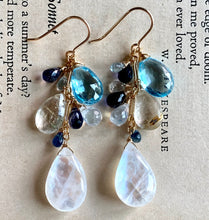 Load image into Gallery viewer, Clouds- Sky Blue Topaz, Rainbow Moonstone, Sapphire 14k Gold Filled Earrings