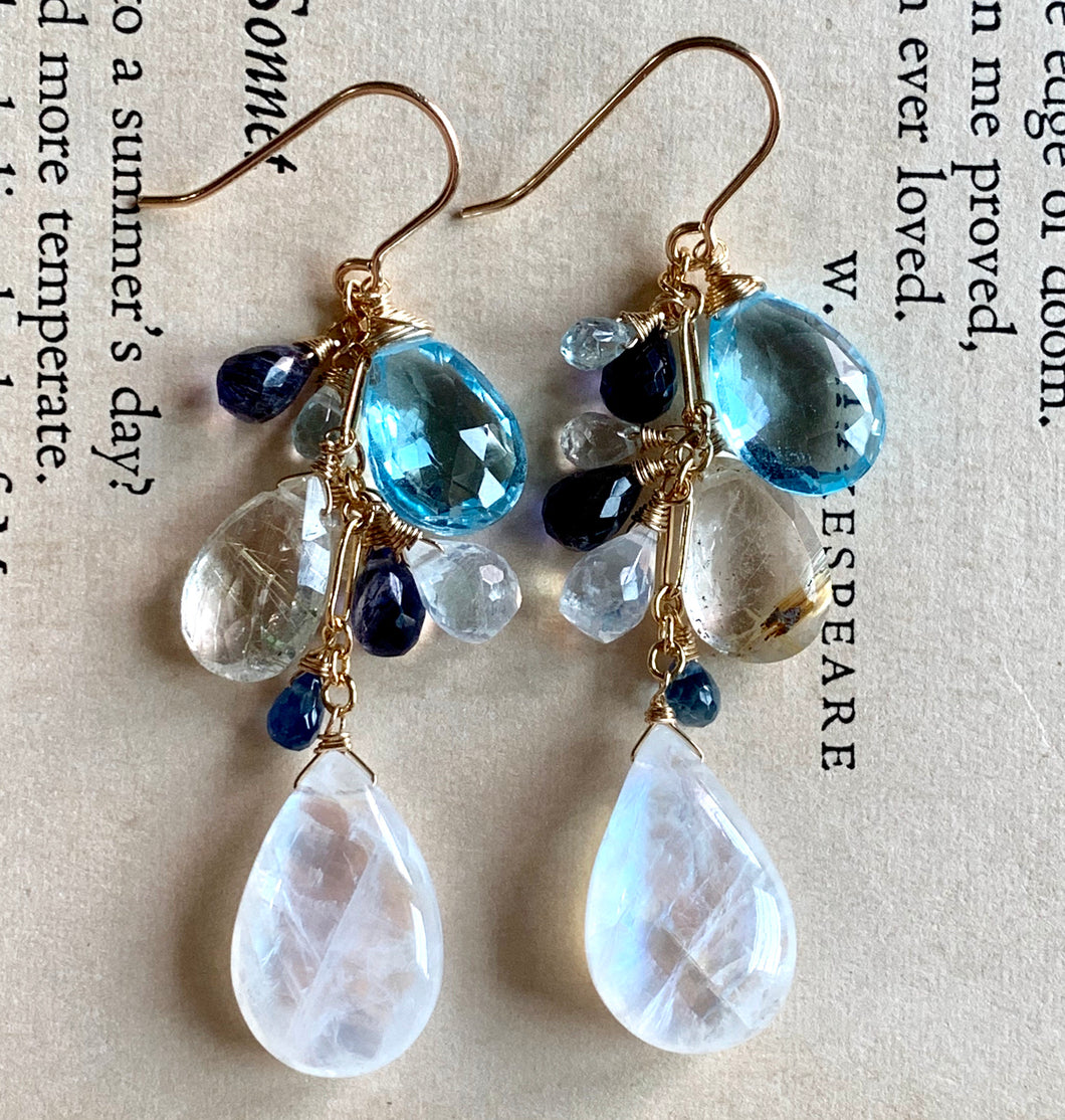 Clouds- Sky Blue Topaz, Rainbow Moonstone, Sapphire 14k Gold Filled Earrings