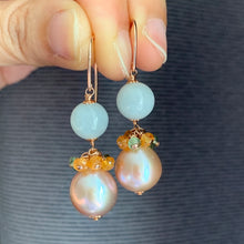 Load image into Gallery viewer, Type A Jade, Peach Pearls &amp; Gemstones 14k Gold Filled Earrings