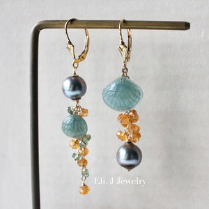 Mismatched Jade Seashells, Tahitian Pearls, Mandarin Garnet 14kGF Earrings