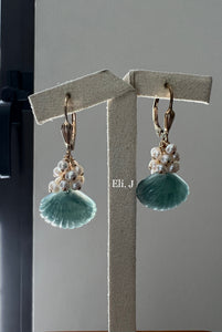 Exclusive Bluish-Green Jade Shells & Pearls 14kGF Earrings