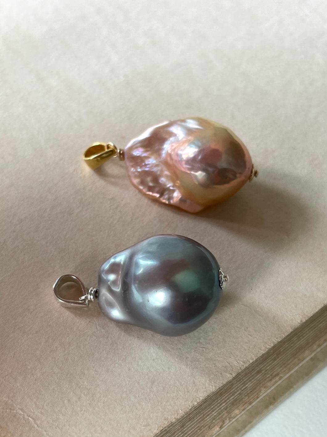 Silver & Rainbow- Peach Baroque Pearl Pendants