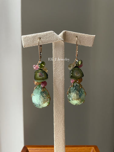 Eva: Vtg Mint Glass Gems, Watermelon Tourmaline, Sapphire Earrings